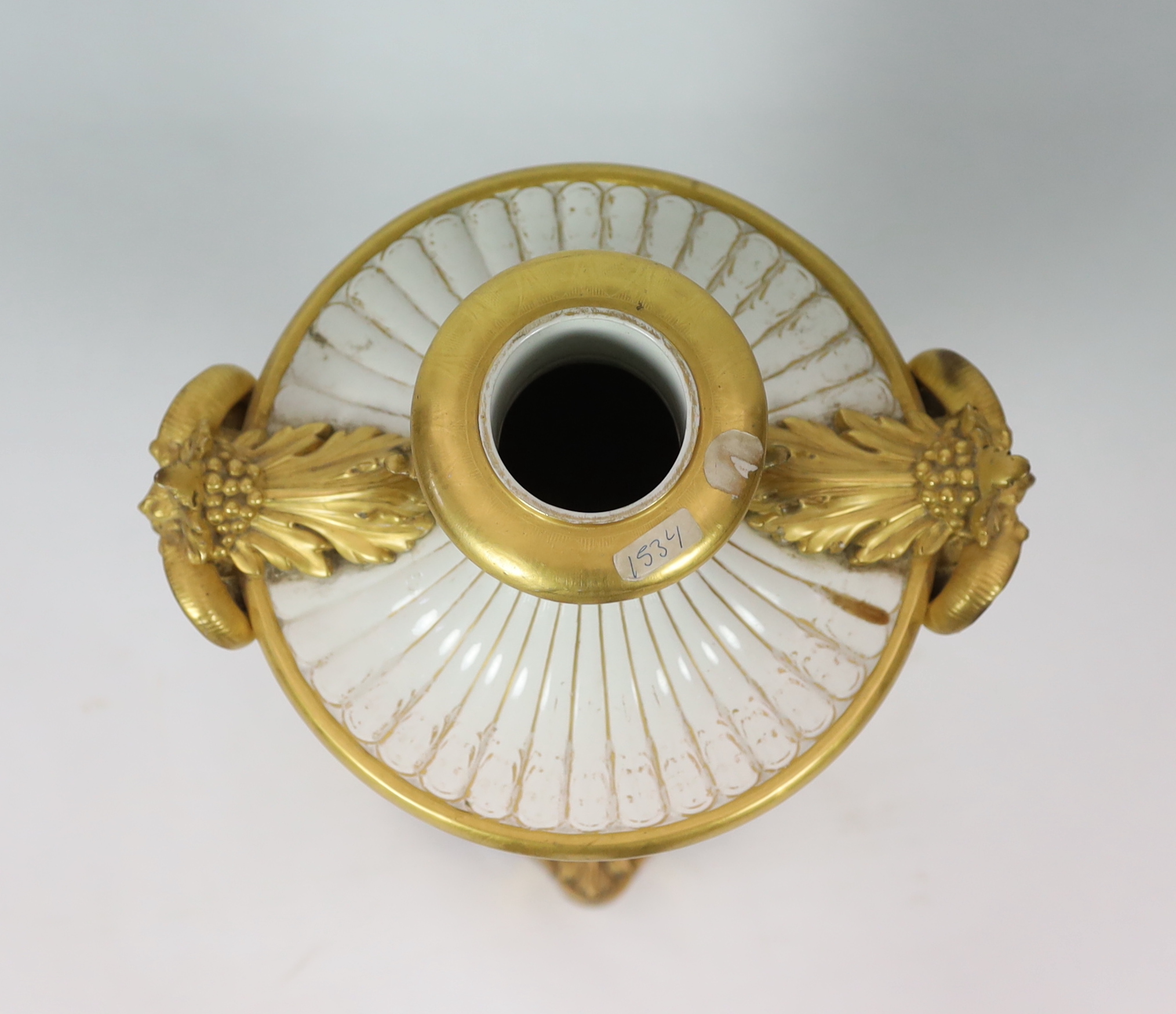 A large French porcelain and ormolu mounted vase, late 19th century, wear to gilding
